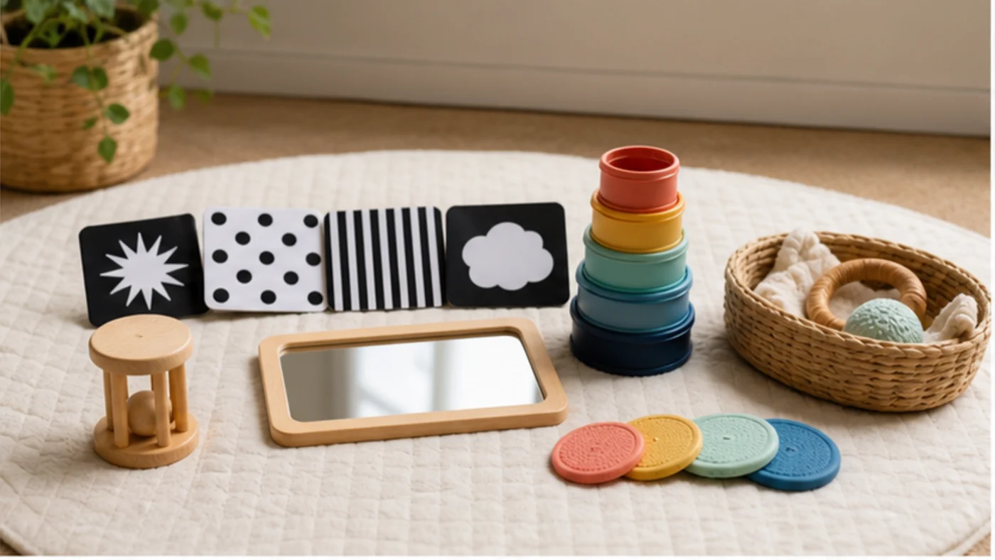 Simple first-year Montessori gift setup with grasping, object permanence, and sensory materials