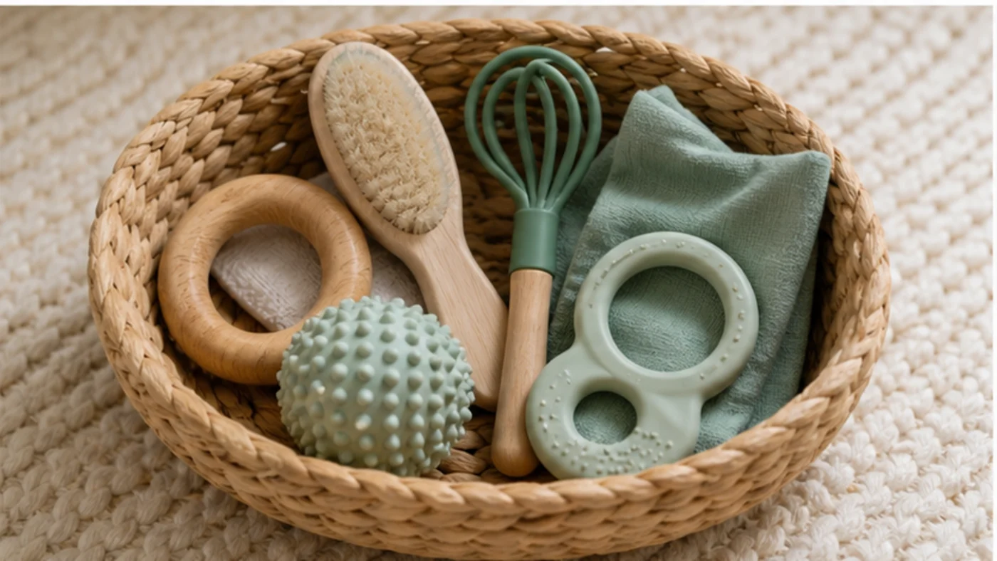 Treasure basket setup with safe sensory objects for a baby