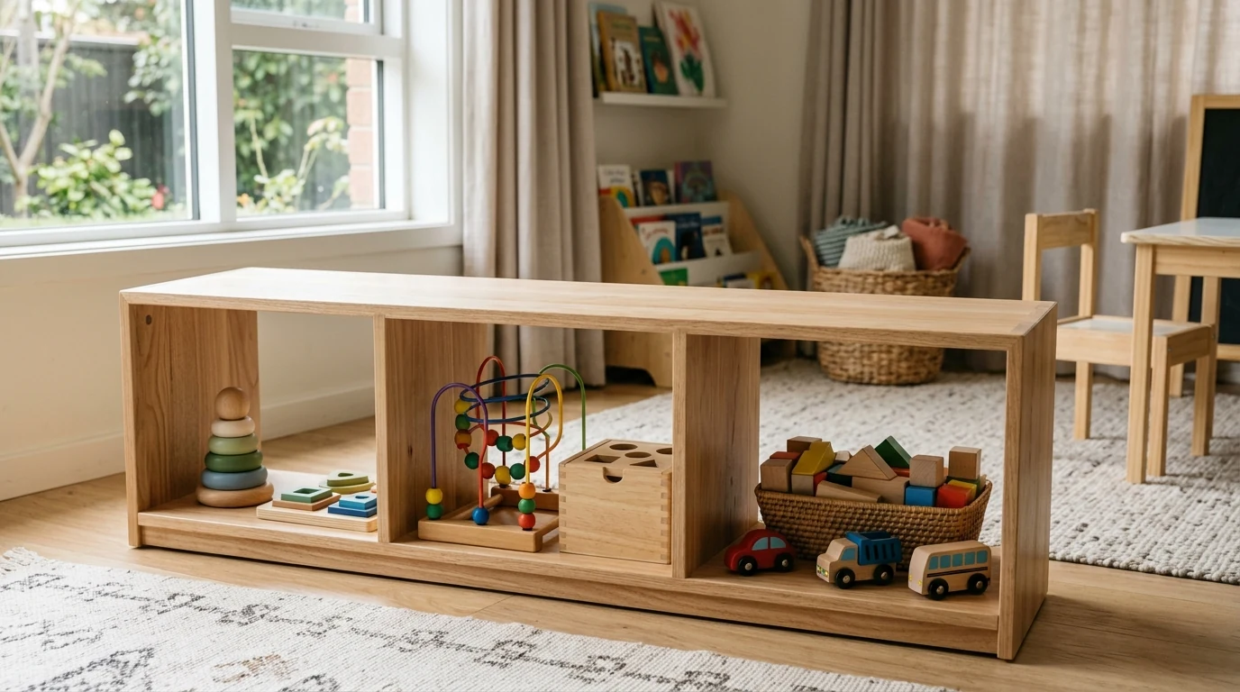 A Montessori shelf arranged by age stage with baby, toddler, and preschool wooden toy choices