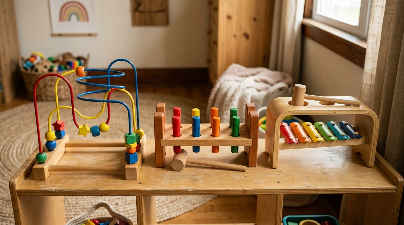 Colourful wooden bead maze, pounding bench, and music toys showing the more playful Hape-style range
