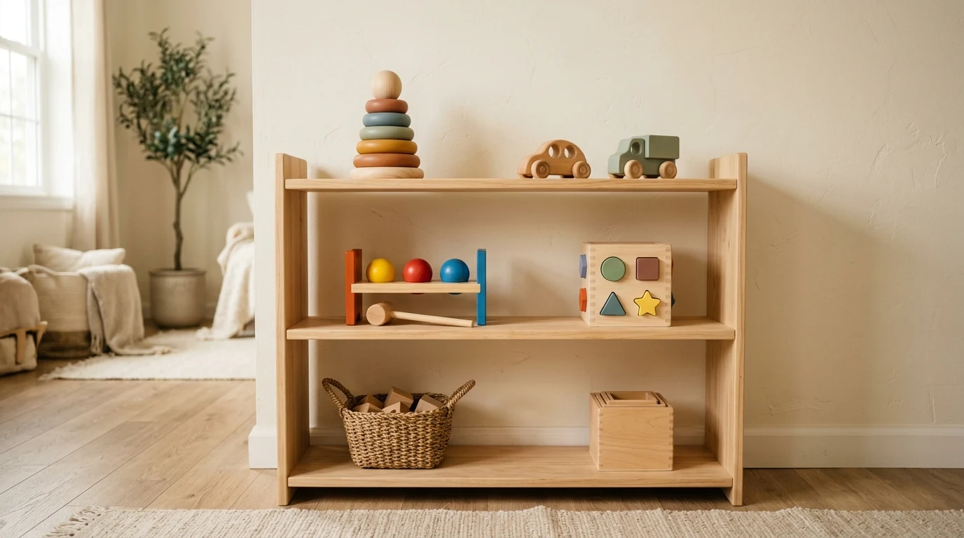 A mixed Montessori shelf with colourful and muted wooden toys chosen from different brand styles