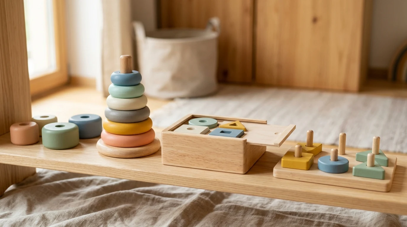 Muted rubberwood toys with simple shapes and soft colours, similar to the PlanToys design style
