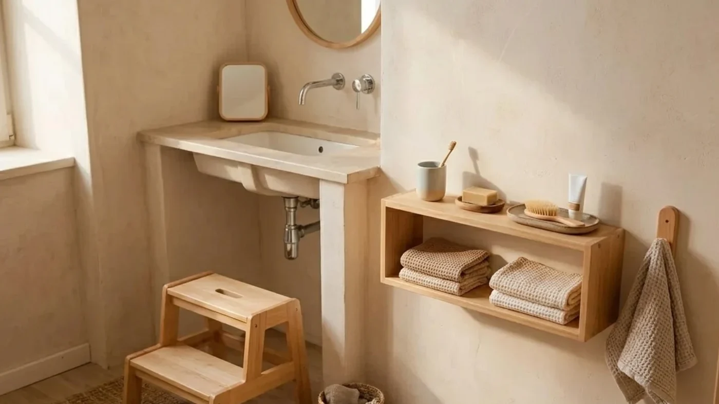 Child-accessible bathroom setup with stool and reachable routine materials
