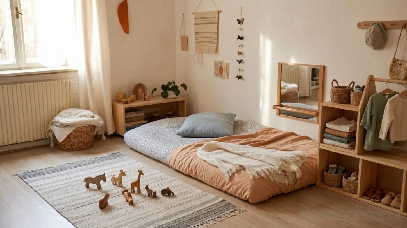 Low Montessori bedroom with floor bed, mirror, and child-accessible storage