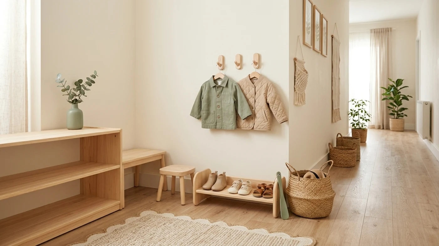 Low hooks and a simple shoe station make an entryway easier for a child to use independently