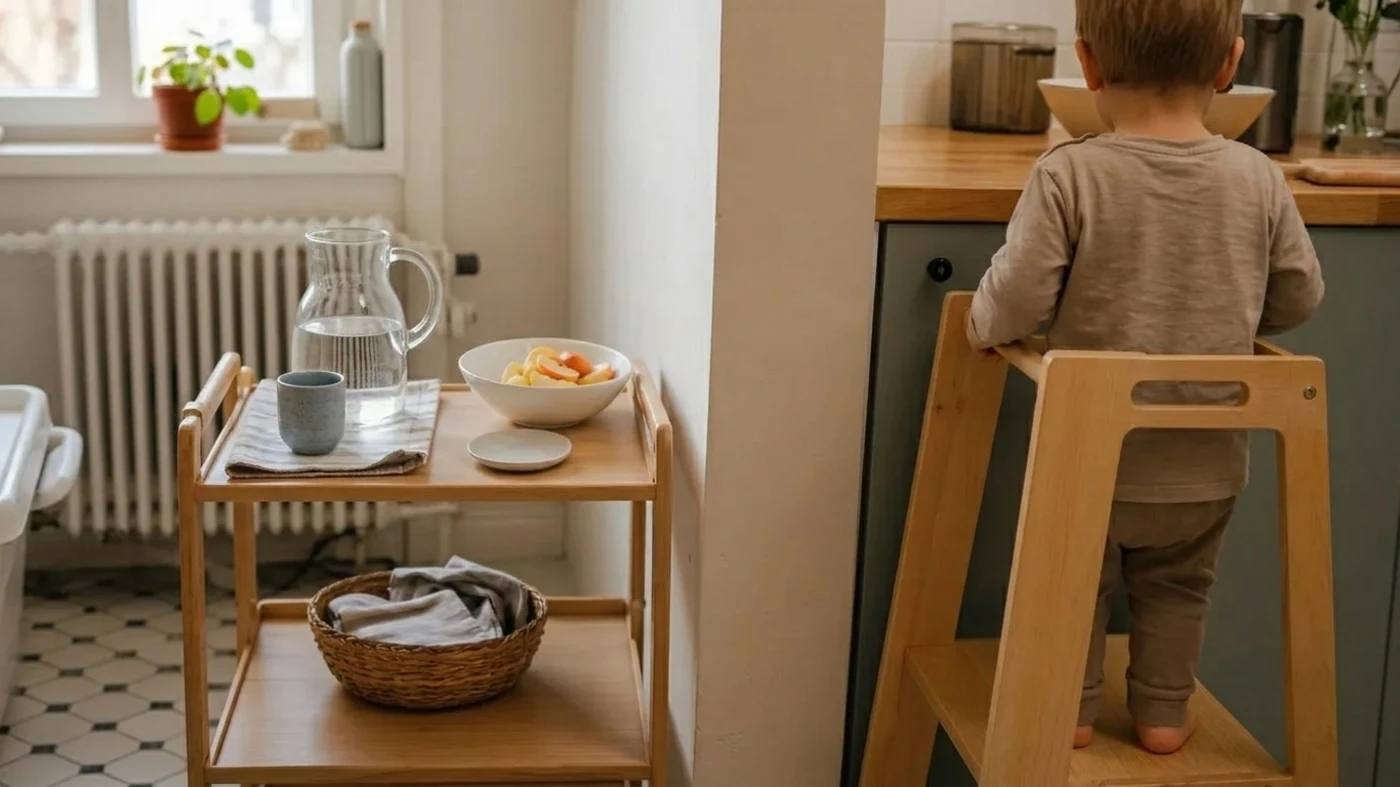 Toddler-friendly kitchen helper setup with a stable learning tower and practical life work at the counter