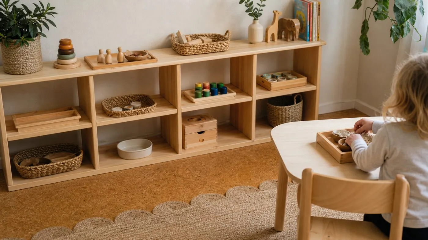Low Montessori playroom shelf with open floor space for movement work