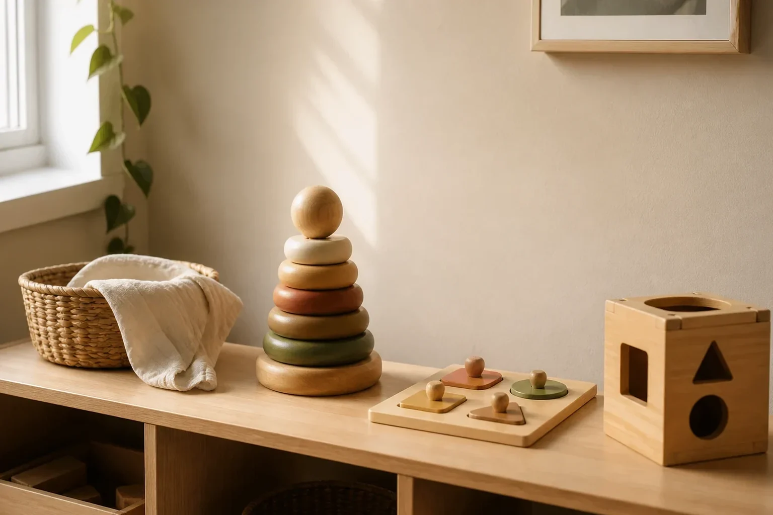 Uma estante baixa com uma seleção pequena e intencional de materiais em estilo Montessori para crianças pequenas