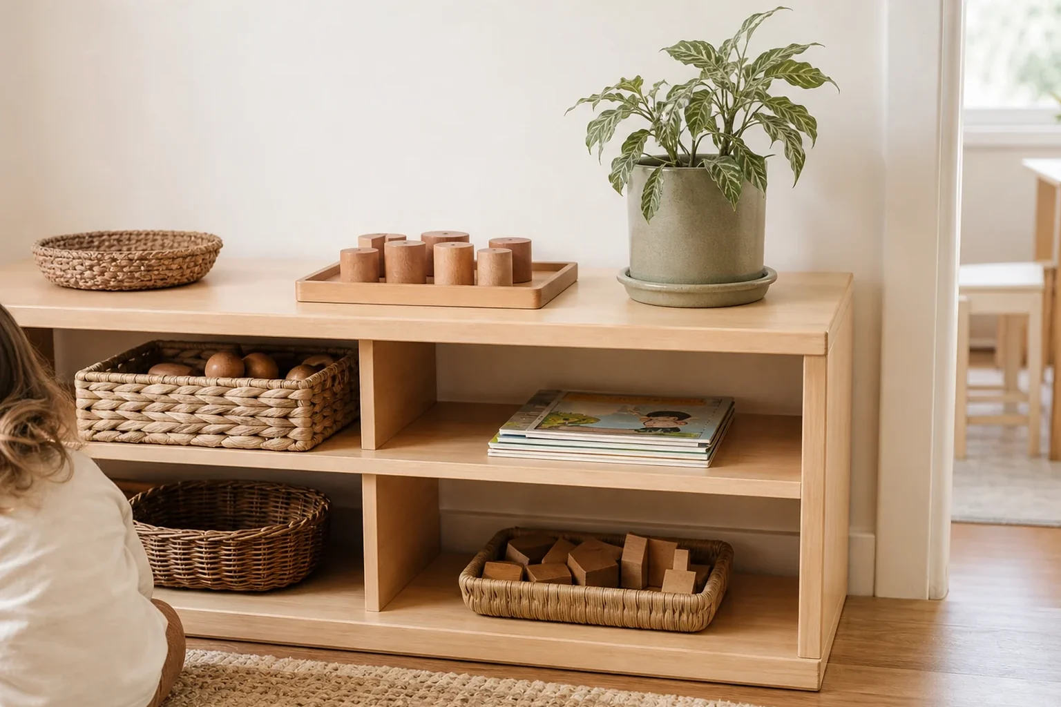 DIY Montessori materials arranged on a calm home shelf for toy rotation
