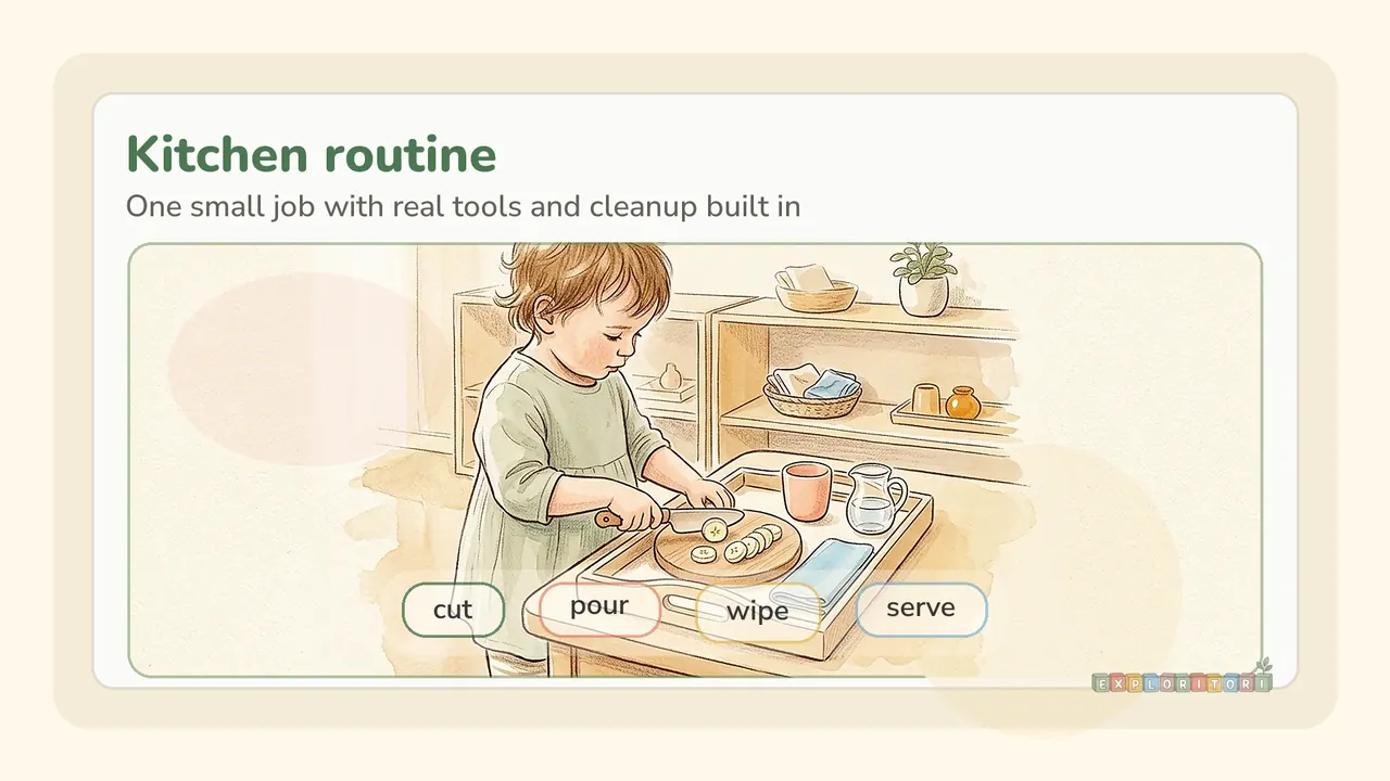 Toddler preparing a simple snack with sliced fruit, a wooden board, and child-safe kitchen tools