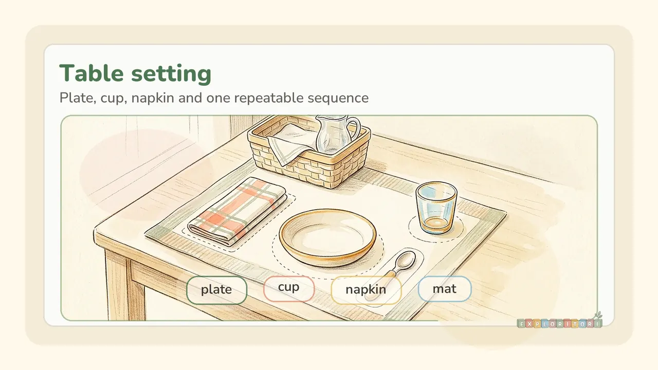 Supracolor-style Exploritori card showing a toddler table-setting sequence with plate, cup, napkin, and mat