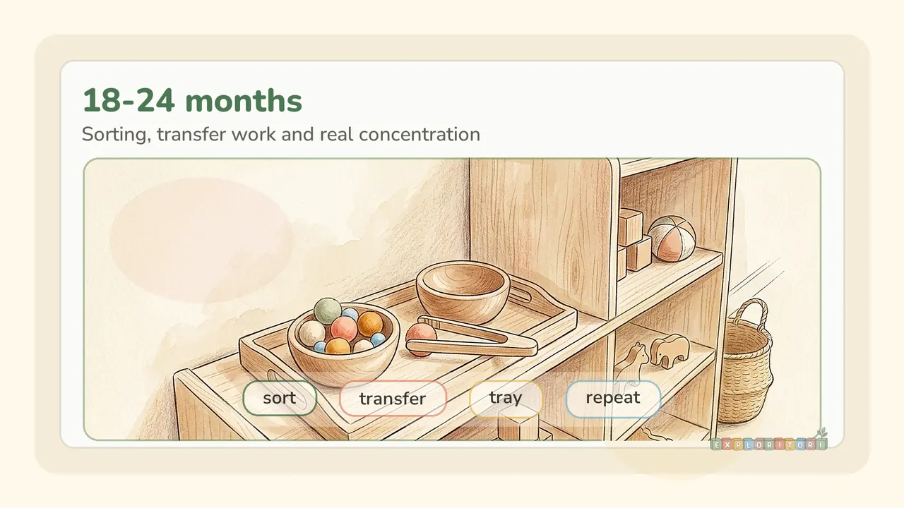 A simple Montessori shelf activity for 18-24 months with sorting and transfer materials on a tray