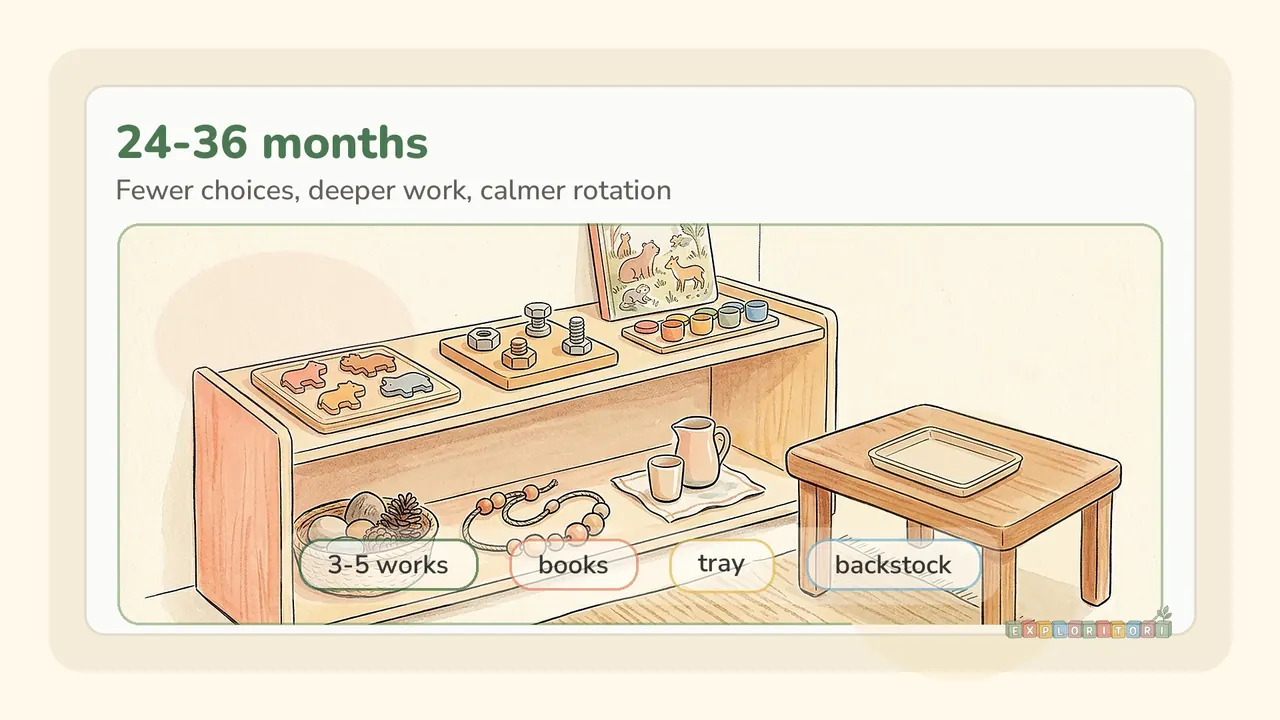 A rotated Montessori shelf for older toddlers with only a few purposeful activities available