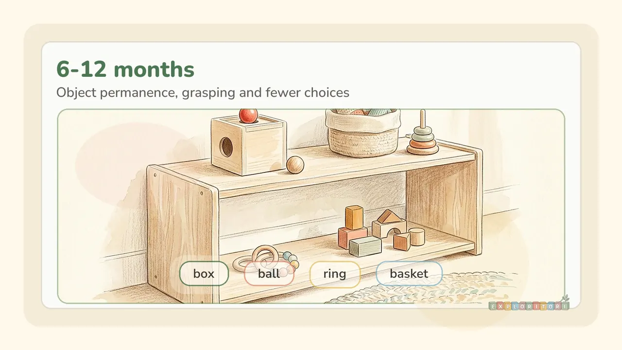 Simple baby-safe Montessori shelf materials for grasping and object permanence
