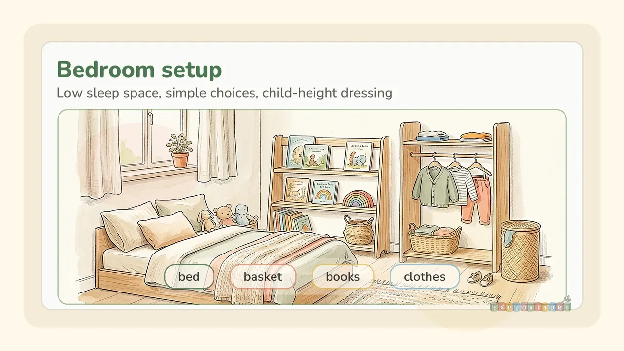 Supracolor-style Exploritori card showing a calm Montessori bedroom setup with low bed, basket, books, and clothes