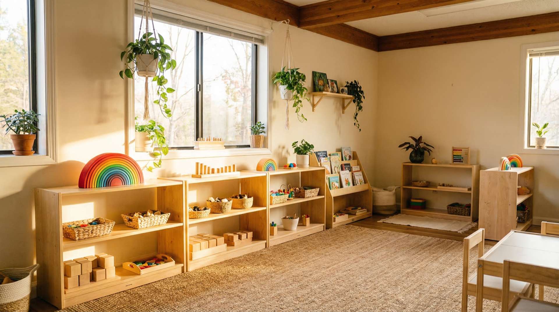 Sunlit room with low wooden shelves, baskets, books, and Montessori materials