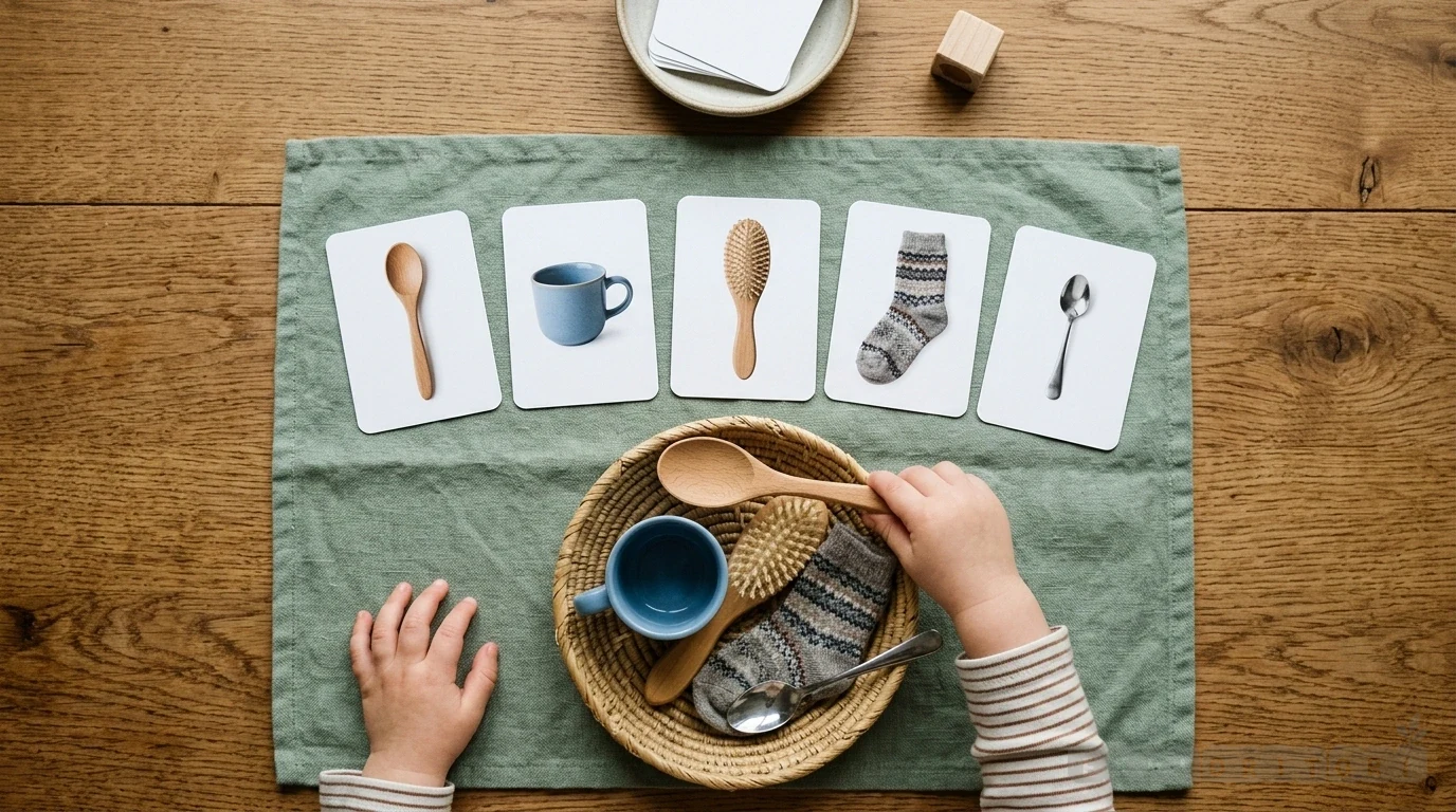 Montessori language activity cards and realistic objects arranged for toddler vocabulary work