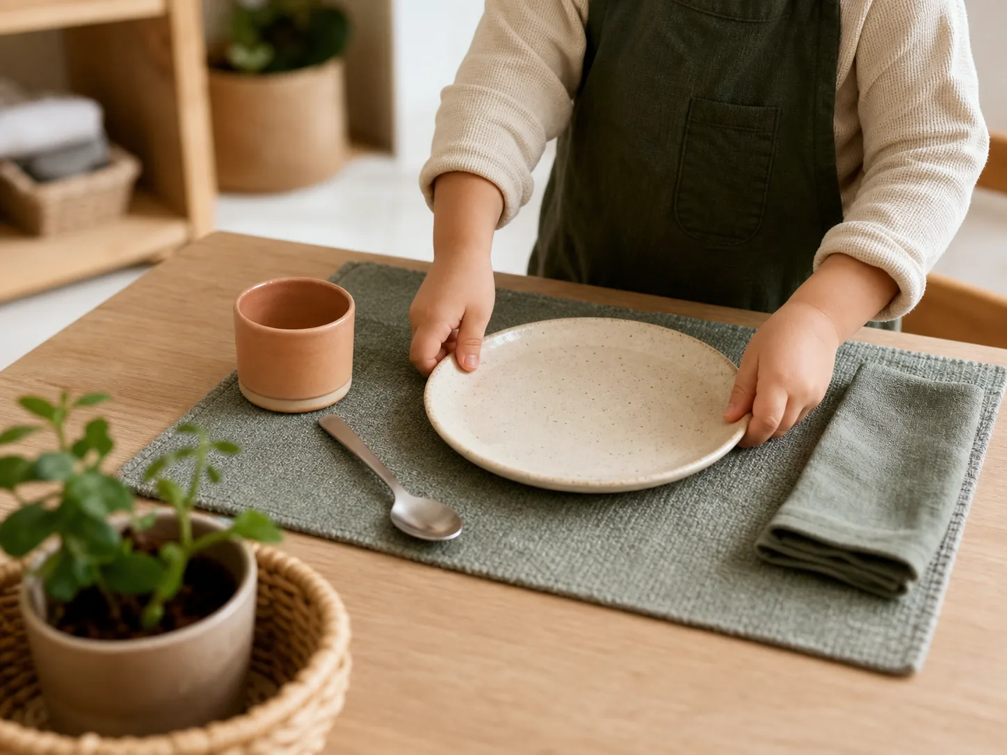 Child setting a table with small plates and napkins, Montessori style