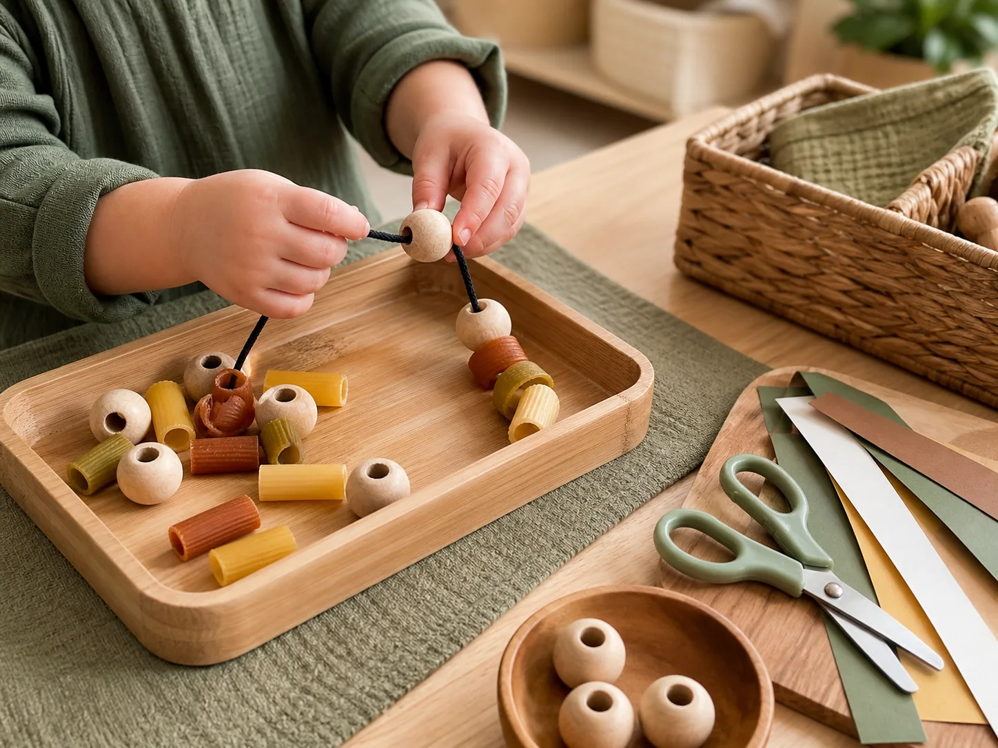 Older toddler threading large beads and pasta on a Montessori tray