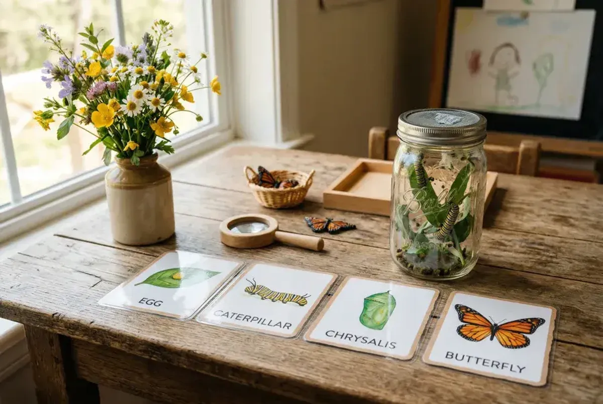 Montessori butterfly lifecycle cards with caterpillar observation jar and spring flowers