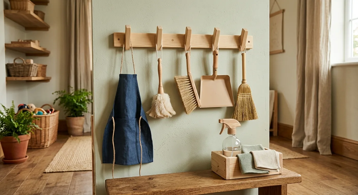 Low Montessori cleaning tool station with child-sized tools