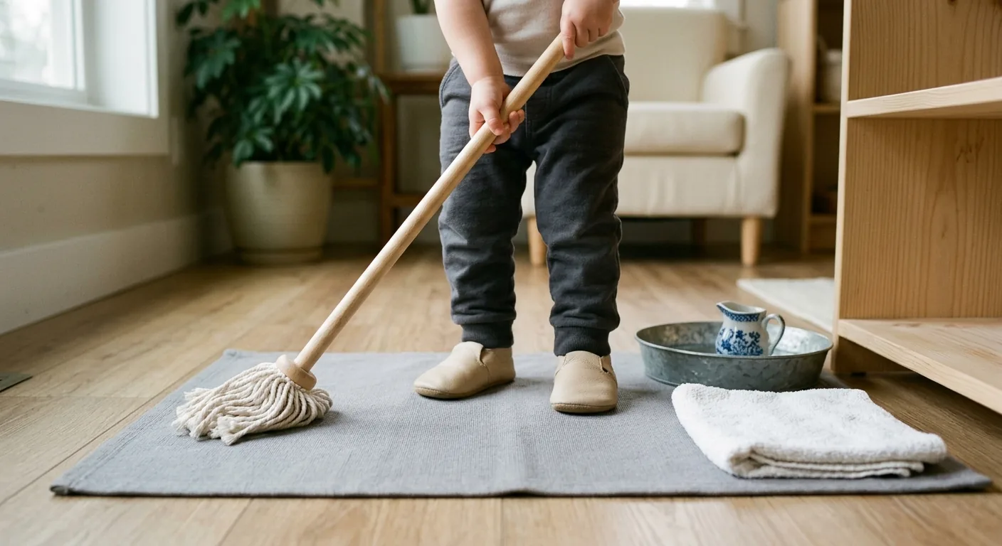 Child-sized mop set up for a small Montessori floor cleaning task