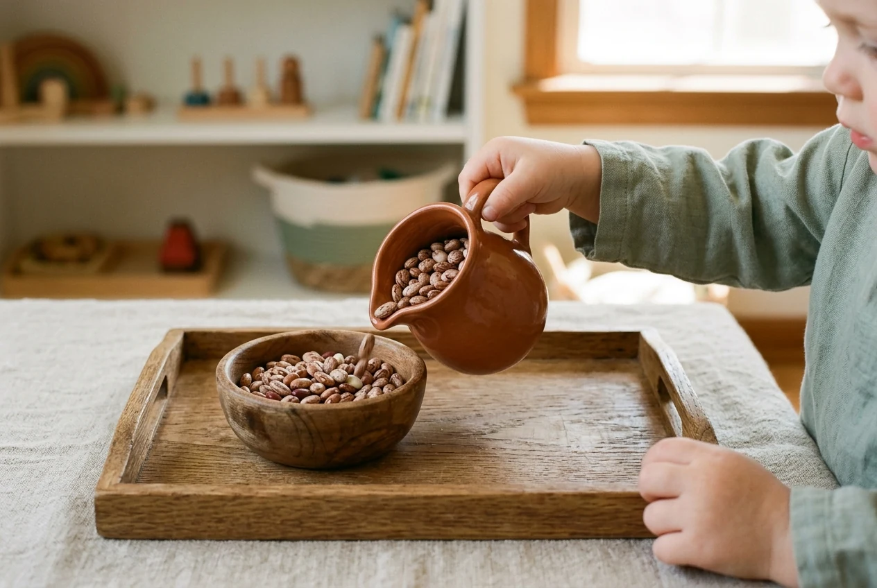 A Montessori practical-life pouring tray for preschoolers with small pitchers and a cloth for cleanup