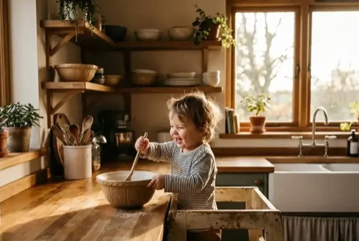 Toddler mixing ingredients in a simple Montessori kitchen activity