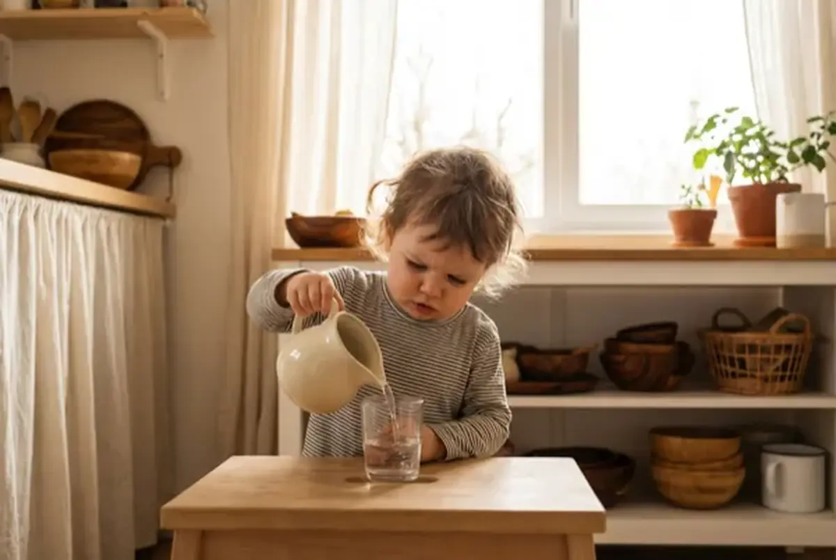 Toddler pouring water from a small pitcher at a kitchen counter with close adult supervision