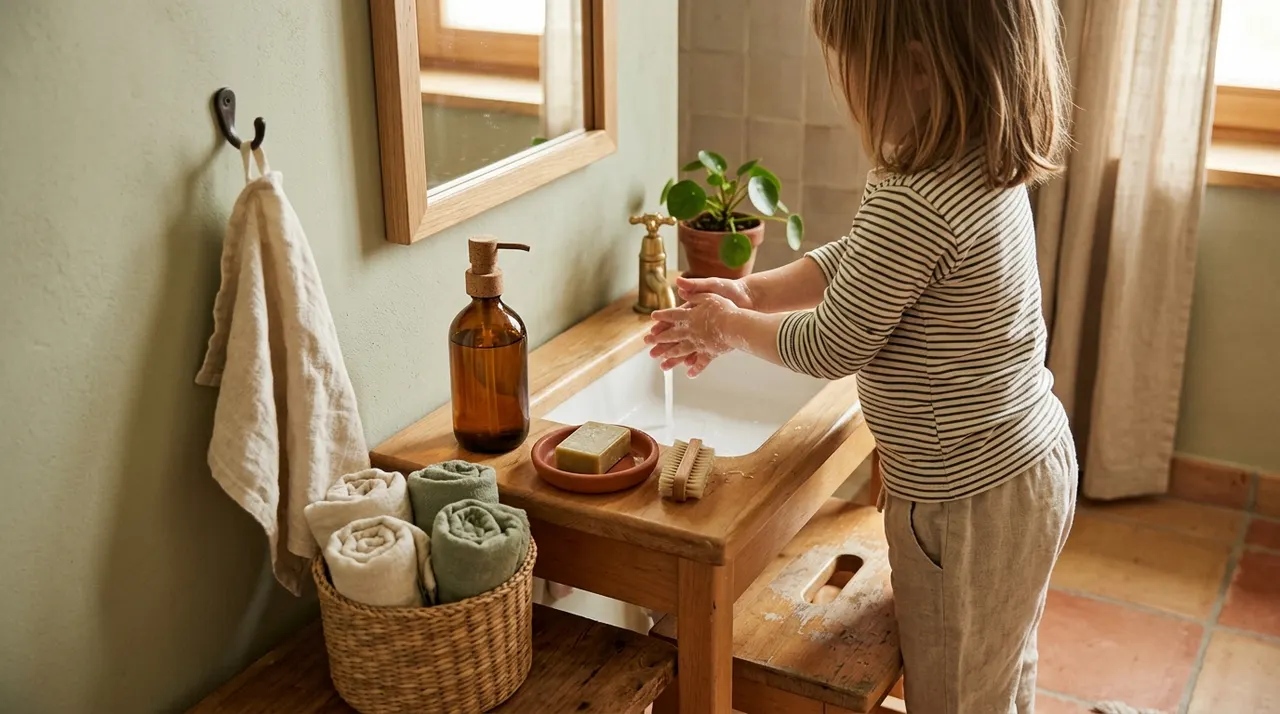 Toddler self-care bathroom setup with simple routine supports