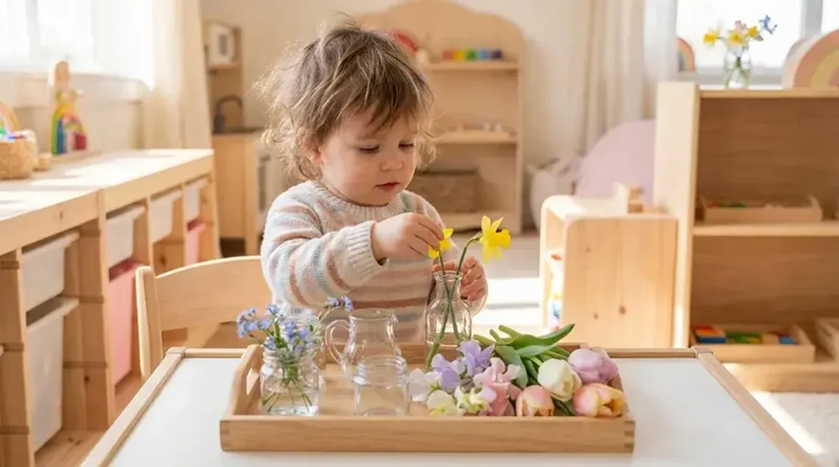 Toddler-safe spring flower arranging tray with small vase, flowers and natural materials