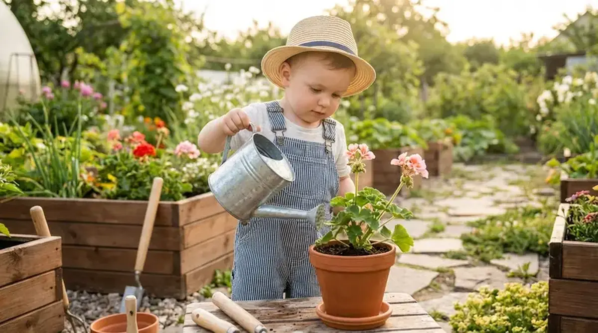 Montessori gardening gift with child-sized watering can and plant care setup
