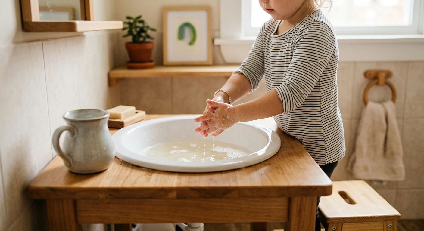 Toddler handwashing and wiping setup with a small basin, cloth, and child-sized practical life tools