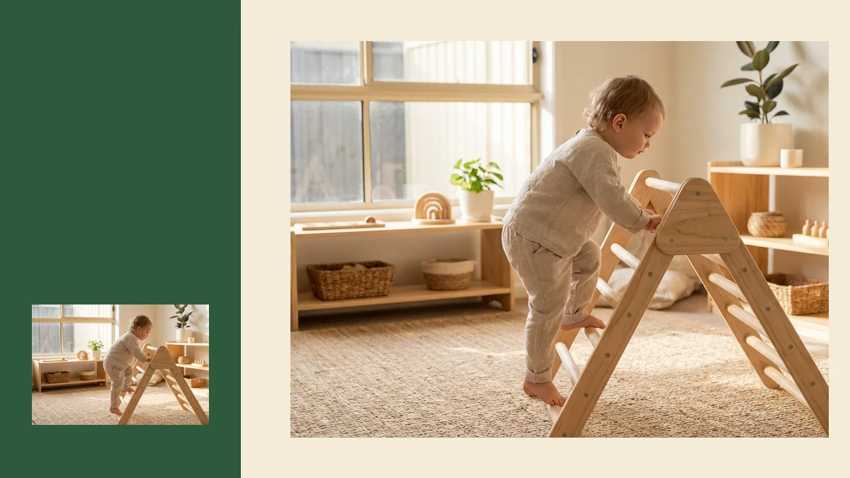 Pikler triangle in a Montessori-style playroom with a toddler climbing on natural wood rungs