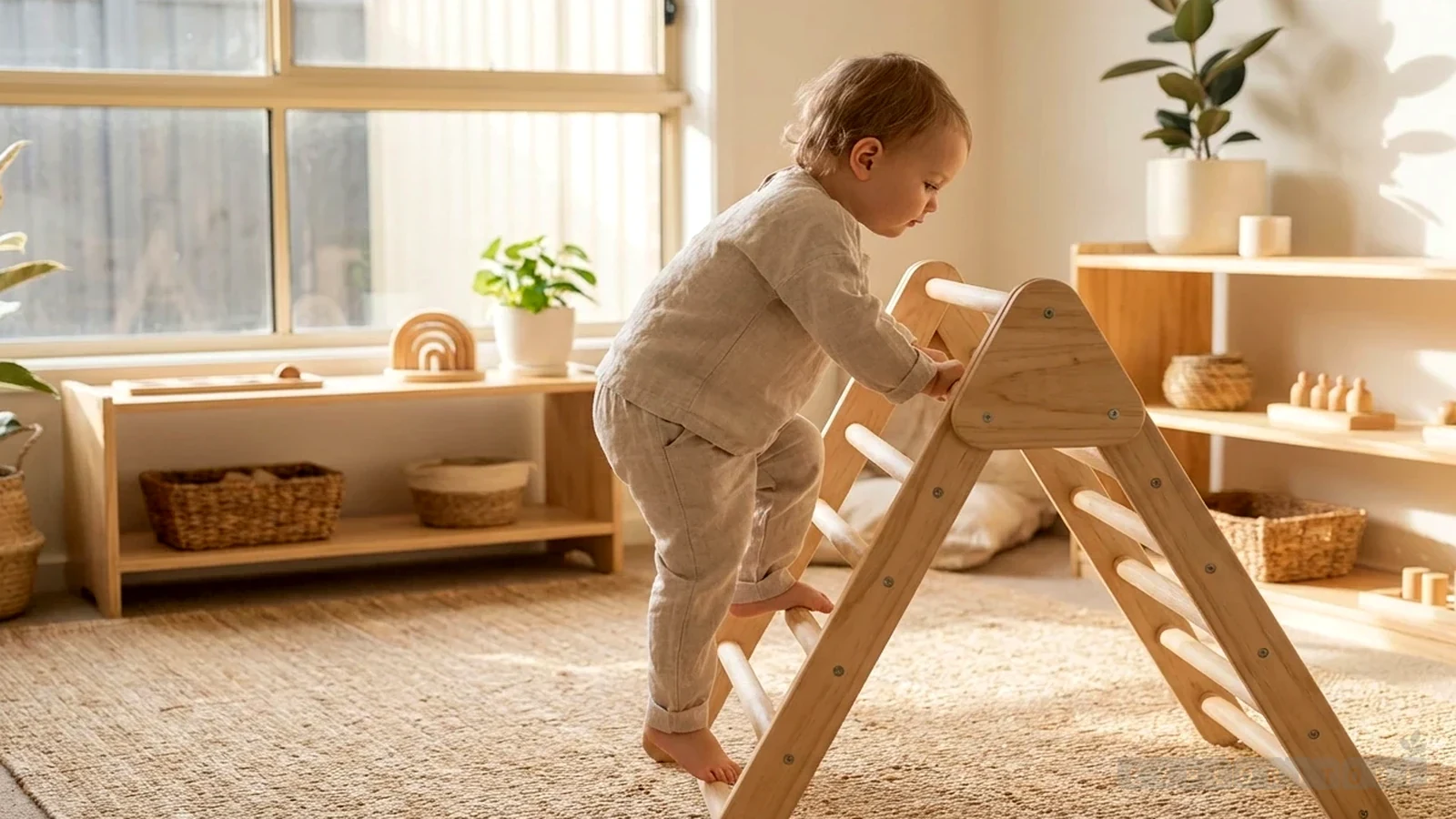 Toddler gross motor Montessori setup with safe climbing and movement work