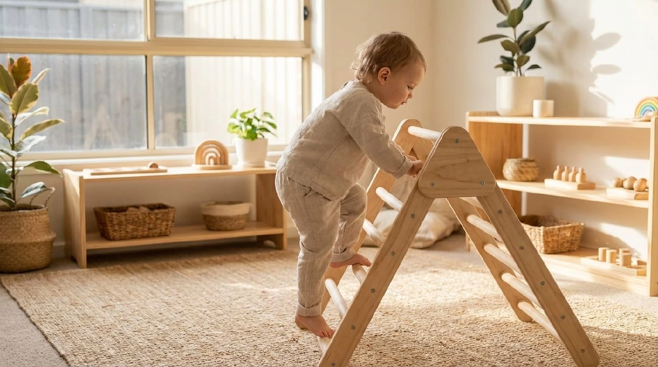 A toddler using a wooden Pikler triangle in a calm Montessori play area