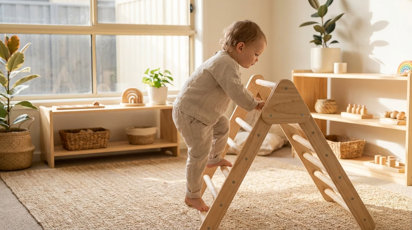 Pikler triangle setup on a soft play surface in a Montessori-style room