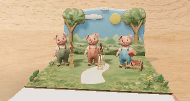 Three painted wooden pigs choose building materials in the meadow. The first lifts tied golden straw, the second lifts a bundle of brown sticks, and the third lifts a coral brick from a small beech cart with four rounded wheels.